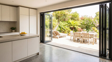 Modern white kitchen interior with open bi-fold doors leading to a sunny garden patio. Contemporary home design featuring seamless indoor-outdoor living, a large island, and wooden dining furniture.