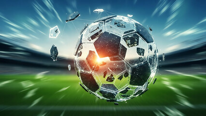 Futuristic Crystal Soccer Ball Levitating Above a Vibrant Green Field with Stadium Lights