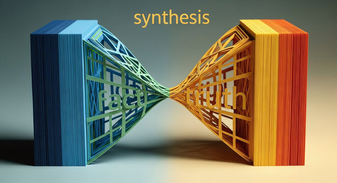 Conceptual 3D Render of Synthesis Connecting Fact and Truth