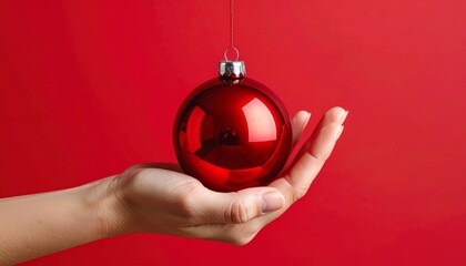 "Hand holding red Christmas ornament against red backdrop, evoking festive warmth and holiday charm."