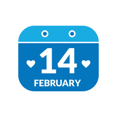 Minimalist Blue Calendar Icon Highlighting February 14th with Heart Symbols, Representing the Valentine's Day Concept and Romantic Celebrations