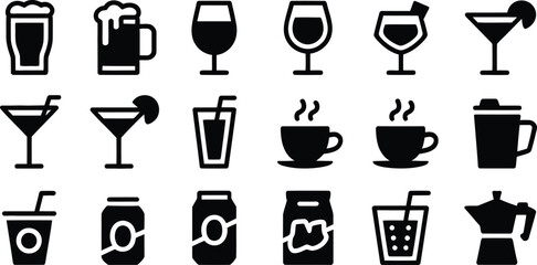 Icon Set of Beverages and Drinks for Menus and Designs.
