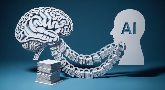 Papercraft 3D Illustration of AI Brain and Data Chain - Powered by Adobe