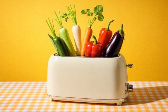 Creative Vegetables in Toaster on Yellow Background