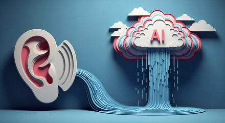 Layered Paper Cut Illustration of AI Data Streaming to an Ear