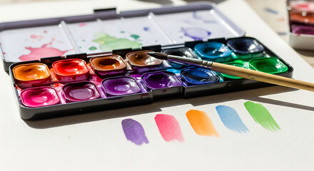 Young Artist Painting Watercolor Palette with Brush on White Paper