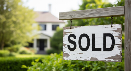 A SOLD sign hanging from a classic wooden post in a lush, manicured front garden. The sign is slightly out of focus in the foreground, with the beautiful blurred silhouette of a house in the backgroun