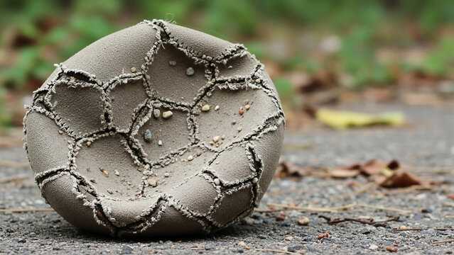 Deflated grey soccer ball with dirt and pebbles on asphalt football worn