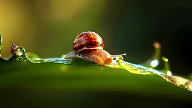 Spring booming. Life. New hope. Season. A closeup of a snail on a leaf with water droplets, set against a blurred green background. The snails shell is a rich brown with a glossy sheen.