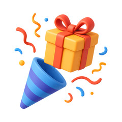 A festive gift box with confetti and a party horn on transparent background