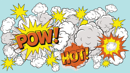 Explosion with Comic Style Pow and Hot Text amidst White Clouds on Blue Background