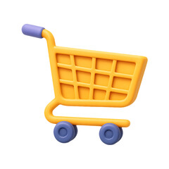 A vibrant yellow shopping cart with purple accents perfect for digital designs on transparent background