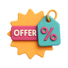 Colorful 3d sale tag with offer text and percentage sign on transparent background