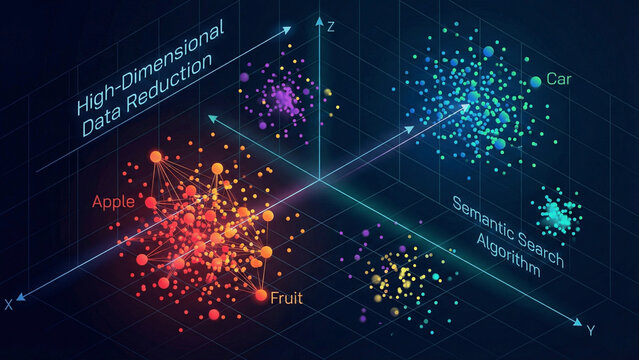 High-Dimensional Data Reduction and Semantic Search Algorithm 3D Visualization of Vector Space Clustering