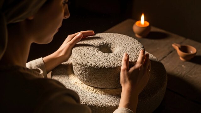 Mary grinding grain with two millstones in preparation for bread. Ancient biblical scene depicting daily life and traditional food.	