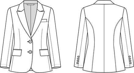 Technical flat sketch of women's tailored two-button blazer featuring notched lapels, flap pockets, welt chest pocket, and princess seams vector.