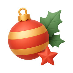 A vibrant red and gold christmas ornament with holly and star on transparent background