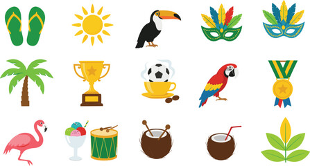 Summer Tropical Icons Collection With Sun Birds Drinks And Carnival Elements Cartoon Vector Illustration Set