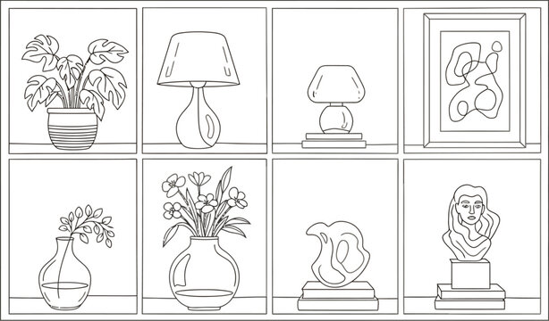 Minimalist line art collection of interior decor objects displayed in a grid shelf arrangement