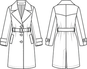 Technical flat sketch of women's single breasted trench coat featuring a belted waist, notched lapels, back yoke, and center vent.