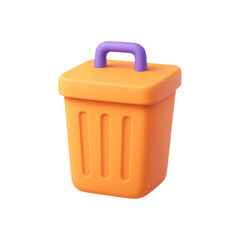 A vibrant orange trash can with a purple handle 3d render on transparent background