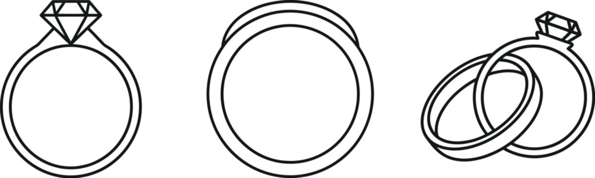 Collection of three black outline jewelry icons representing engagement and wedding rings with diamond