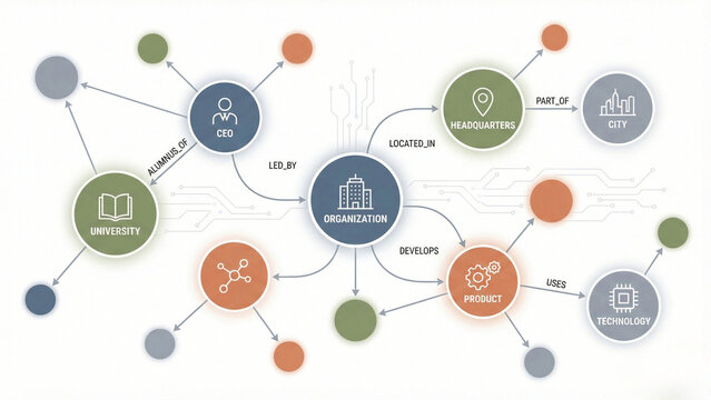 Knowledge graph diagram illustrating business organization data relationships including CEO, products, and technology connections