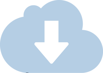 A white download arrow inside a light blue cloud on transparent background