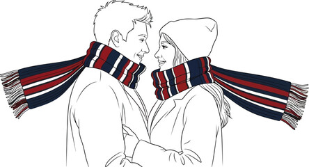 Happy couple wearing matching striped winter scarves and warm clothing sharing a sweet moment together