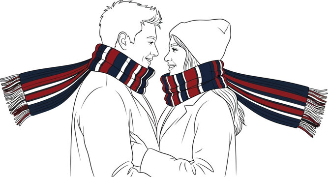 Happy couple wearing matching striped winter scarves and warm clothing sharing a sweet moment together - Powered by Adobe