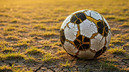 Old cracked soccer ball on dry cracked earth with grass worn