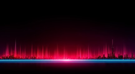 City skyline is shown in red and blue with a city in the background. The city is lit up with lights