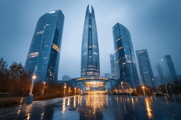 Obraz premium City skyline with a tall building in the middle. The sky is cloudy and the buildings are lit up