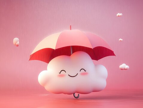 Cute Smiling Cloud Holding Red Umbrella in Pink Sky.