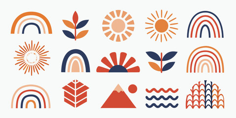A collection of minimalist boho style sun rainbow and nature inspired illustrations © Kopil