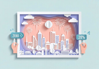 Paper Cut Illustration of City Skyline Celebration with Financial Goals