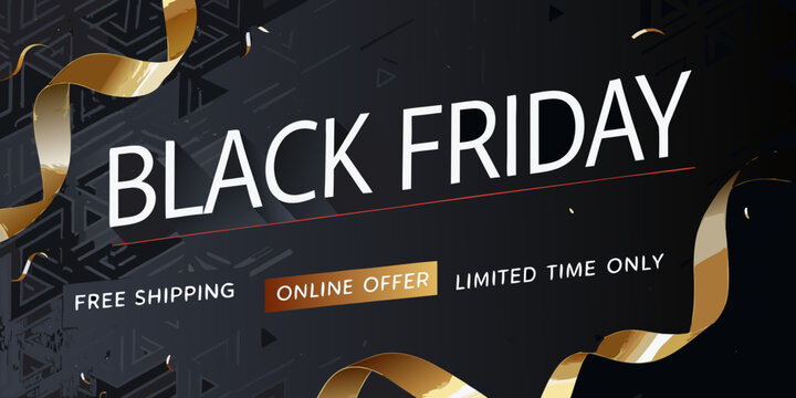 Black friday sale promotion with golden ribbons and geometric pattern background - Powered by Adobe