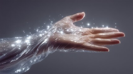 Fototapeta premium Hand is shown in a plastic glove, with a lot of glitter on it. The hand is reaching out
