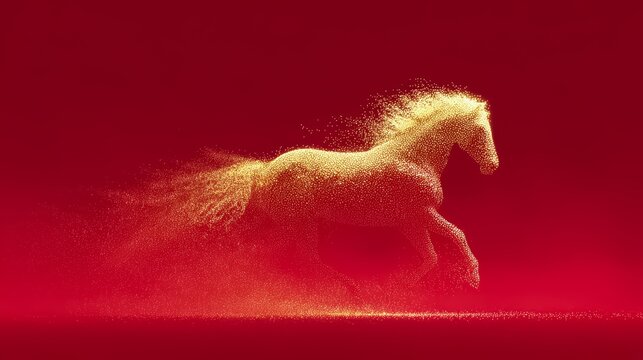 Horse is running through a red background with gold dust. The horse is the main focus of the image