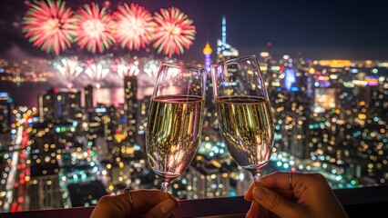 Two champagne flutes toast against a dazzling city skyline illuminated by festive fireworks at night.