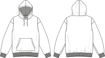 Technical fashion flat sketch of an oversized pullover hoodie, front and back view, hooded sweatshirt with kangaroo pocket vector template. © MdBorhan