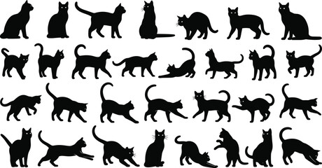 Cat silhouette icon set showing various feline poses and movements, ideal for pet design, animal illustrations, veterinary concepts, and playful domestic cat themes © Mst