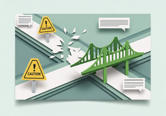 3D Paper Cut Caution Signs and Broken Path to a Bridge