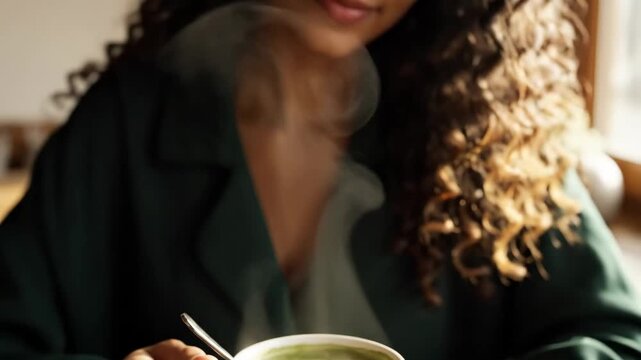 Close up of a young woman stirring a frothy green matcha latte in a white mug. Beautiful female with curly hair enjoying a healthy beverage during her morning routine