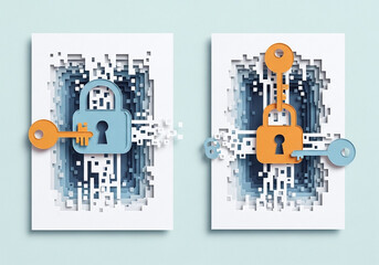 Paper Cut Illustration of Digital Security Locks and Keys