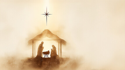 Nativity Scene in Beige Colors Watercolor Illustration Banner with Copy Space