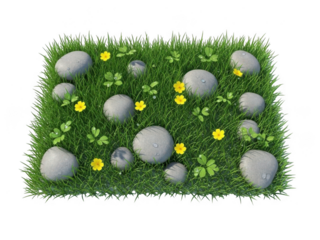 Lush green meadow with scattered stones and yellow flowers
