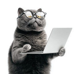 Funny Cat Works on Laptop Isolated on White Background