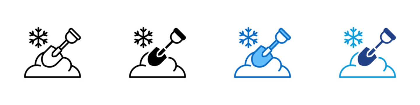 Snow Shovel Multiple Style Icon Design Vector - Shovel clearing snow from ground, representing winter maintenance, snow removal, and cold season activity