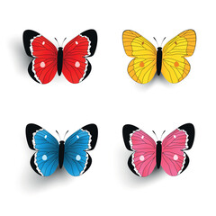 Butterfly wings. A collection of bright, isolated butterflies with shadows.